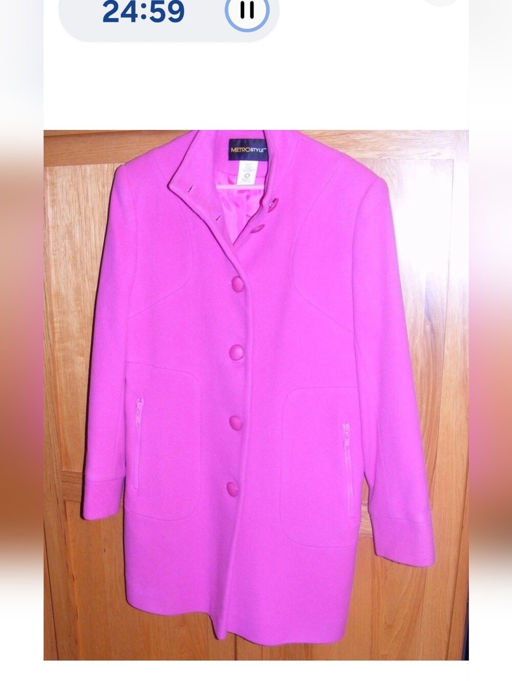 METROSTYLE 100% WOOL BUTTON DOWN COAT - FUSHIA - Size 10 - NWOT